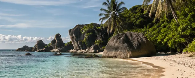 Playa de arena blanca con rocas de granito y palmeras